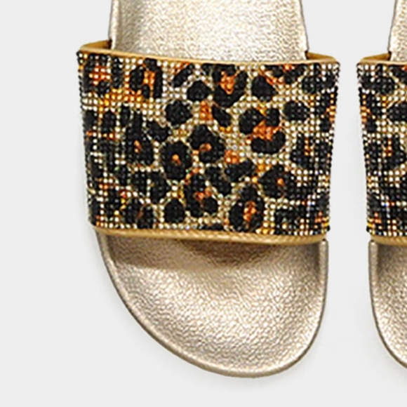 Gold Black Leopard Crystal Slides Slippers Sandals - Picture 2 of 2